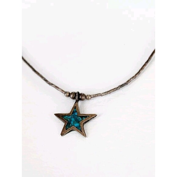 Unbranded Jewelry - Sterling Silver 925 Turquoise Inlay Star Pendant Necklace 16" 4.61g Southwestern